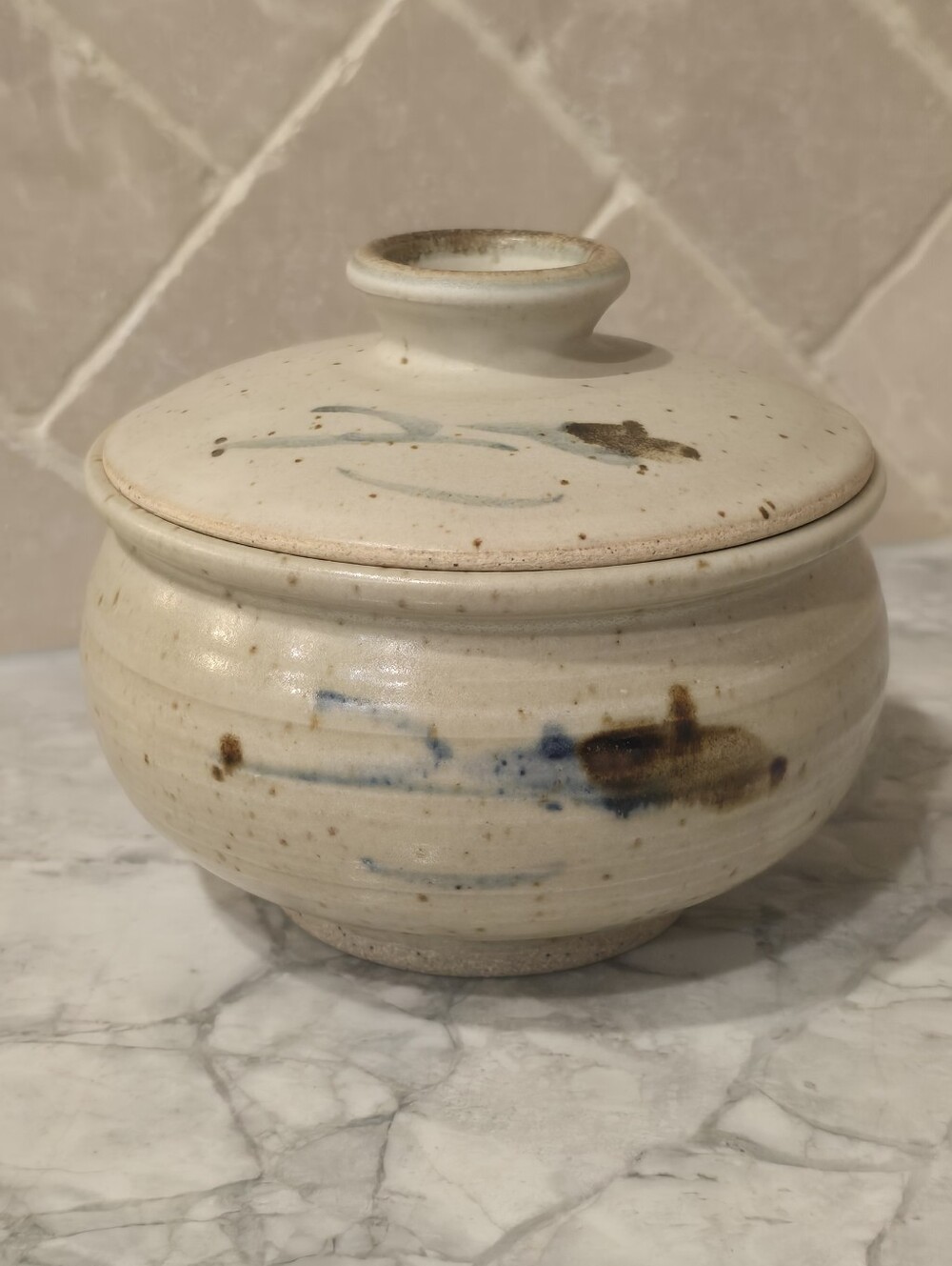 Mid Century Speckled Studio Art Pottery Lidded Bowl Blue Signed Pot Canister Jar